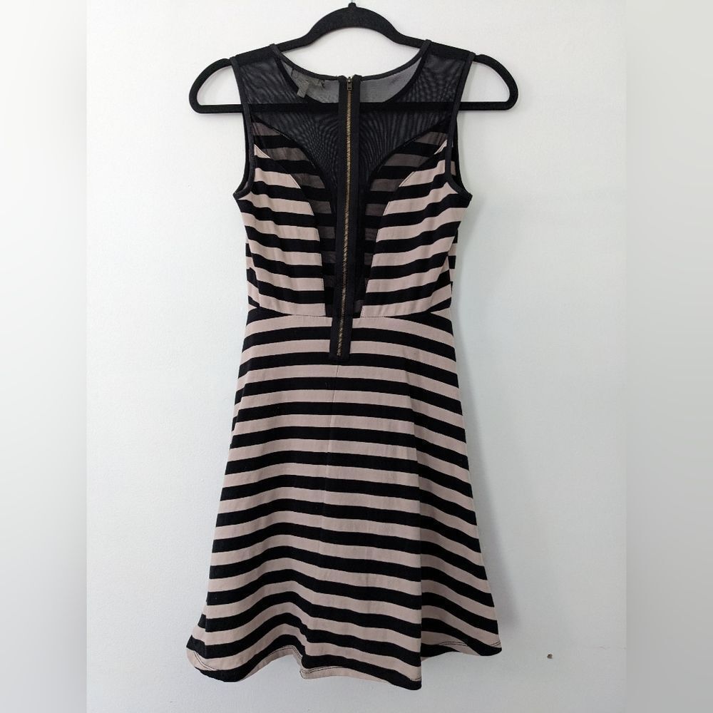 Monteau Sleeveless Dress Mesh Cotton Stretch Black Beige, Size M - Picture 2 of 4